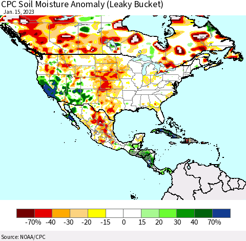 North America CPC Soil Moisture Anomaly (Leaky Bucket) Thematic Map For 1/11/2023 - 1/15/2023