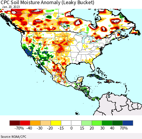 North America CPC Soil Moisture Anomaly (Leaky Bucket) Thematic Map For 1/16/2023 - 1/20/2023