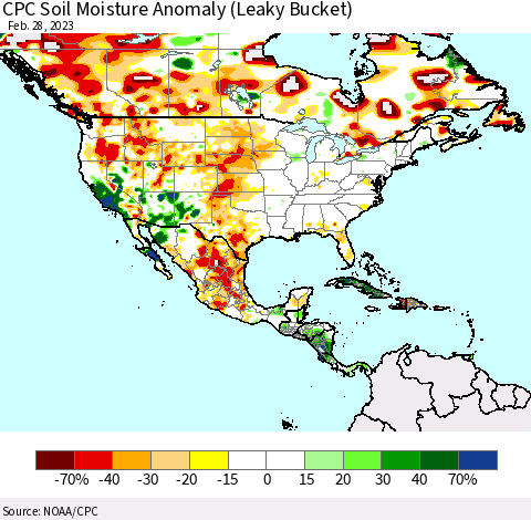 North America CPC Soil Moisture Anomaly (Leaky Bucket) Thematic Map For 2/26/2023 - 2/28/2023
