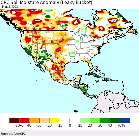 North America CPC Soil Moisture Anomaly (Leaky Bucket) Thematic Map For 3/1/2023 - 3/5/2023