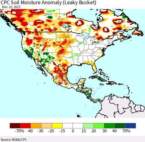 North America CPC Soil Moisture Anomaly (Leaky Bucket) Thematic Map For 3/6/2023 - 3/10/2023