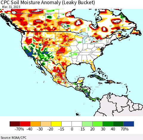 North America CPC Soil Moisture Anomaly (Leaky Bucket) Thematic Map For 3/26/2023 - 3/31/2023