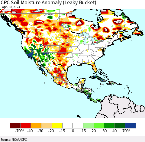 North America CPC Soil Moisture Anomaly (Leaky Bucket) Thematic Map For 4/6/2023 - 4/10/2023