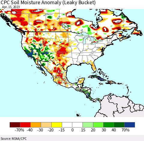 North America CPC Soil Moisture Anomaly (Leaky Bucket) Thematic Map For 4/11/2023 - 4/15/2023