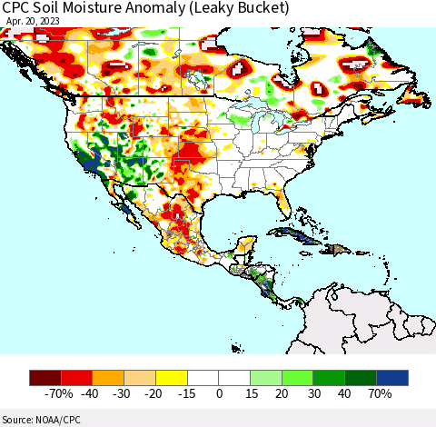 North America CPC Soil Moisture Anomaly (Leaky Bucket) Thematic Map For 4/16/2023 - 4/20/2023