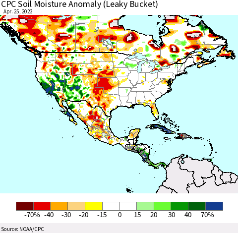 North America CPC Soil Moisture Anomaly (Leaky Bucket) Thematic Map For 4/21/2023 - 4/25/2023