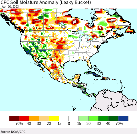 North America CPC Soil Moisture Anomaly (Leaky Bucket) Thematic Map For 4/26/2023 - 4/30/2023