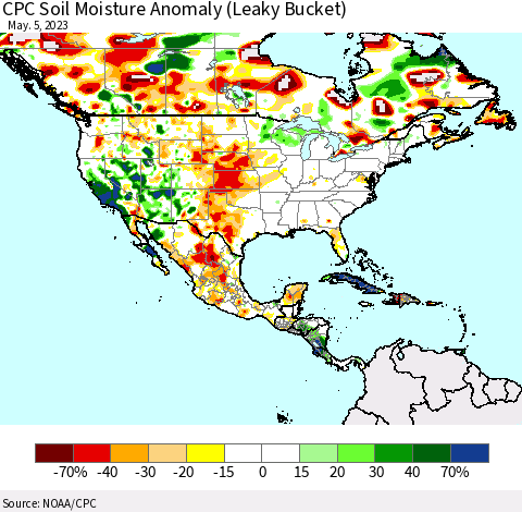 North America CPC Soil Moisture Anomaly (Leaky Bucket) Thematic Map For 5/1/2023 - 5/5/2023