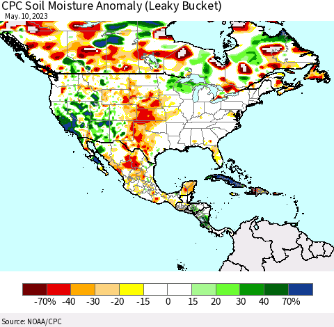North America CPC Soil Moisture Anomaly (Leaky Bucket) Thematic Map For 5/6/2023 - 5/10/2023