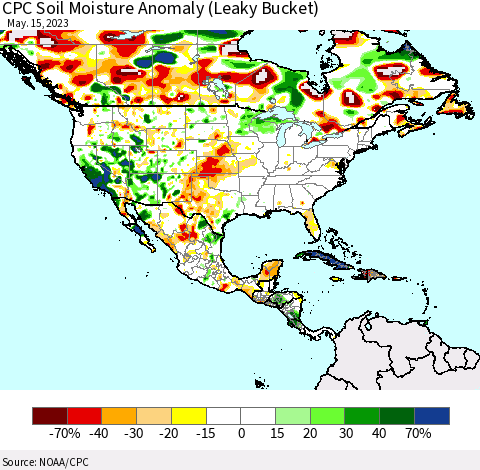 North America CPC Soil Moisture Anomaly (Leaky Bucket) Thematic Map For 5/11/2023 - 5/15/2023