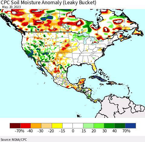 North America CPC Soil Moisture Anomaly (Leaky Bucket) Thematic Map For 5/16/2023 - 5/20/2023