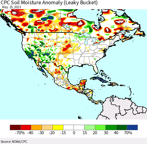 North America CPC Soil Moisture Anomaly (Leaky Bucket) Thematic Map For 5/21/2023 - 5/25/2023