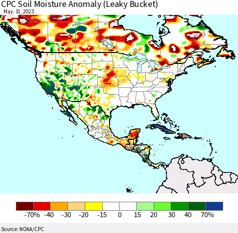North America CPC Soil Moisture Anomaly (Leaky Bucket) Thematic Map For 5/26/2023 - 5/31/2023