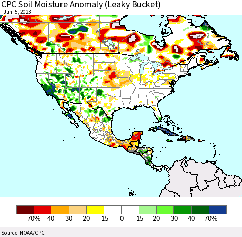 North America CPC Soil Moisture Anomaly (Leaky Bucket) Thematic Map For 6/1/2023 - 6/5/2023