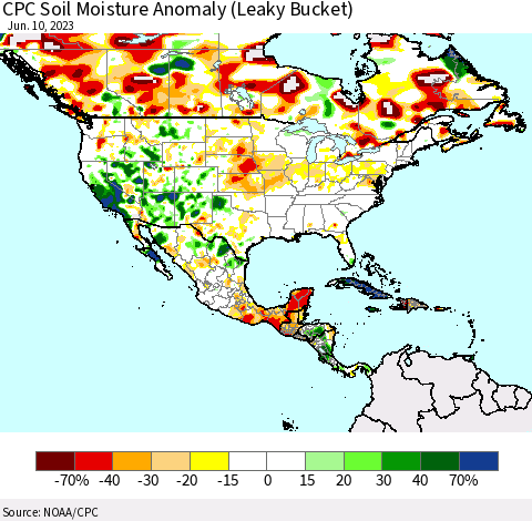 North America CPC Soil Moisture Anomaly (Leaky Bucket) Thematic Map For 6/6/2023 - 6/10/2023