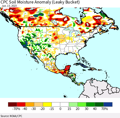 North America CPC Soil Moisture Anomaly (Leaky Bucket) Thematic Map For 6/11/2023 - 6/15/2023