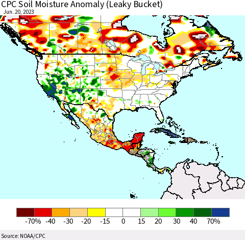 North America CPC Soil Moisture Anomaly (Leaky Bucket) Thematic Map For 6/16/2023 - 6/20/2023