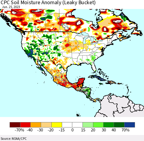 North America CPC Soil Moisture Anomaly (Leaky Bucket) Thematic Map For 6/21/2023 - 6/25/2023