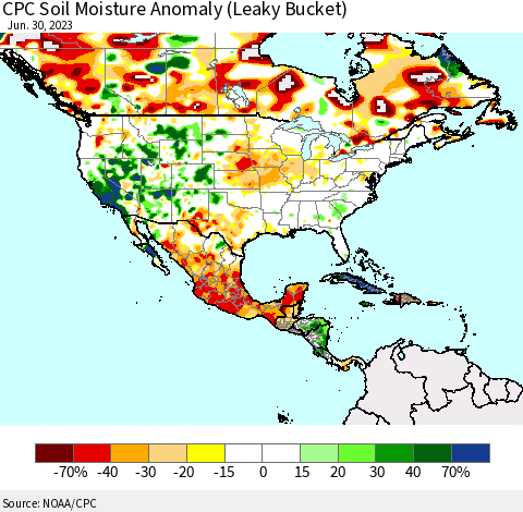 North America CPC Soil Moisture Anomaly (Leaky Bucket) Thematic Map For 6/26/2023 - 6/30/2023