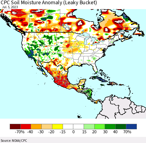 North America CPC Soil Moisture Anomaly (Leaky Bucket) Thematic Map For 7/1/2023 - 7/5/2023