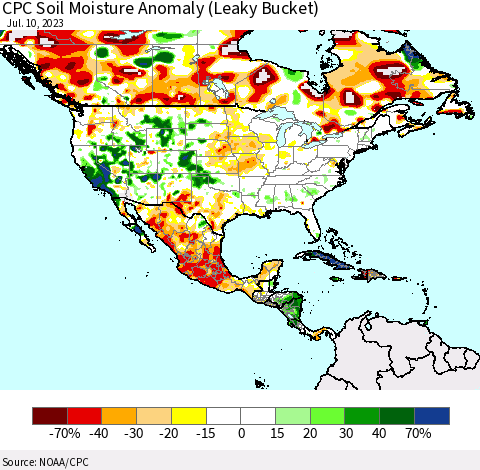 North America CPC Soil Moisture Anomaly (Leaky Bucket) Thematic Map For 7/6/2023 - 7/10/2023