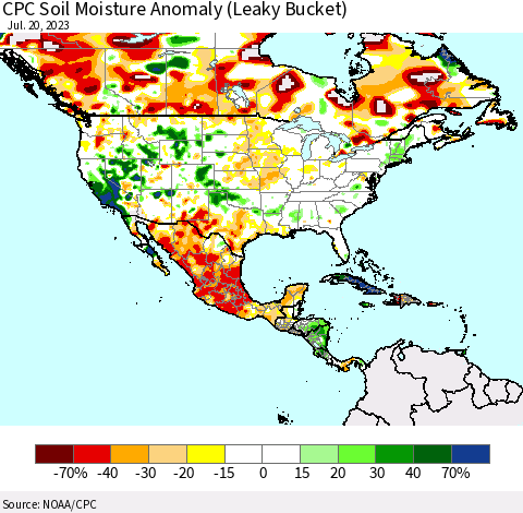 North America CPC Soil Moisture Anomaly (Leaky Bucket) Thematic Map For 7/16/2023 - 7/20/2023