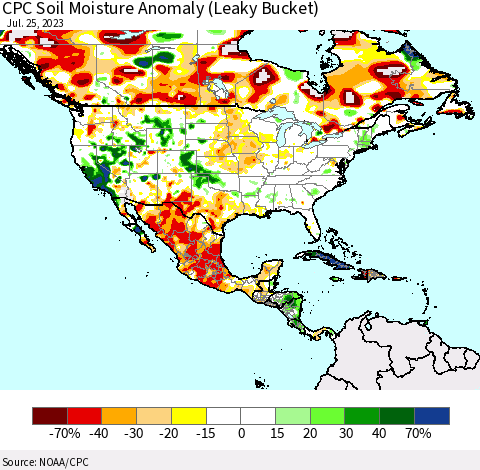 North America CPC Soil Moisture Anomaly (Leaky Bucket) Thematic Map For 7/21/2023 - 7/25/2023