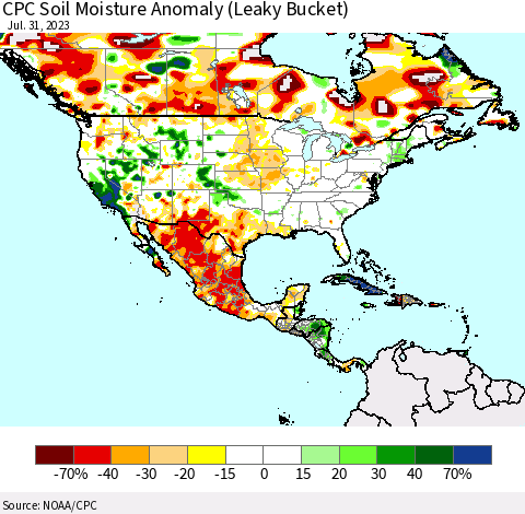 North America CPC Soil Moisture Anomaly (Leaky Bucket) Thematic Map For 7/26/2023 - 7/31/2023
