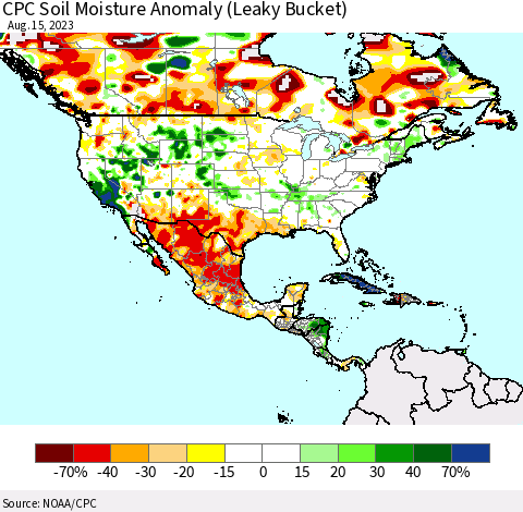 North America CPC Soil Moisture Anomaly (Leaky Bucket) Thematic Map For 8/11/2023 - 8/15/2023