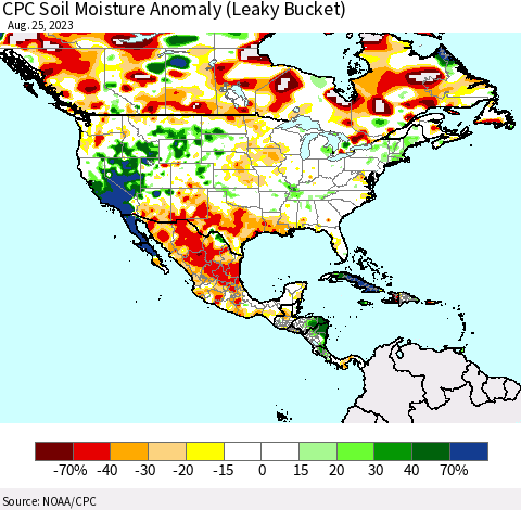 North America CPC Soil Moisture Anomaly (Leaky Bucket) Thematic Map For 8/21/2023 - 8/25/2023