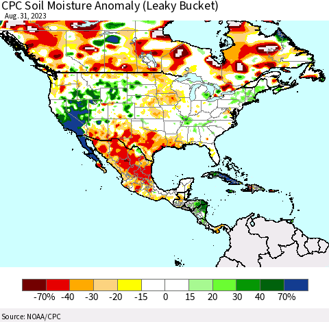 North America CPC Soil Moisture Anomaly (Leaky Bucket) Thematic Map For 8/26/2023 - 8/31/2023