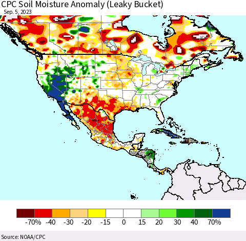 North America CPC Soil Moisture Anomaly (Leaky Bucket) Thematic Map For 9/1/2023 - 9/5/2023