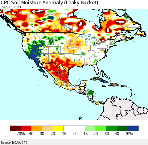 North America CPC Soil Moisture Anomaly (Leaky Bucket) Thematic Map For 9/6/2023 - 9/10/2023
