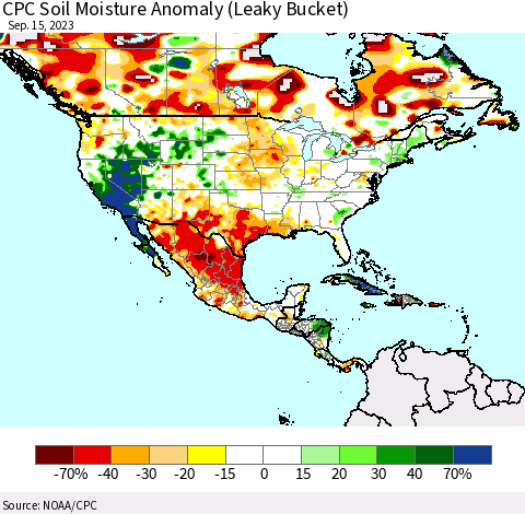 North America CPC Soil Moisture Anomaly (Leaky Bucket) Thematic Map For 9/11/2023 - 9/15/2023