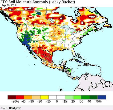 North America CPC Soil Moisture Anomaly (Leaky Bucket) Thematic Map For 9/16/2023 - 9/20/2023