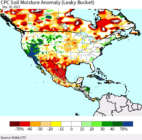 North America CPC Soil Moisture Anomaly (Leaky Bucket) Thematic Map For 9/26/2023 - 9/30/2023