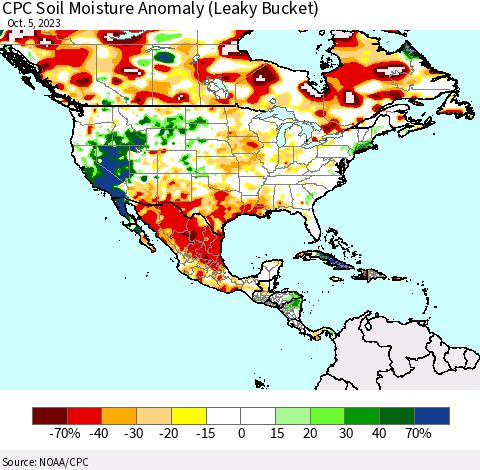 North America CPC Soil Moisture Anomaly (Leaky Bucket) Thematic Map For 10/1/2023 - 10/5/2023