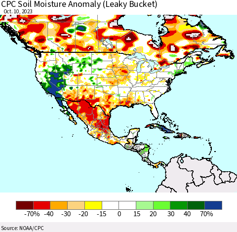 North America CPC Soil Moisture Anomaly (Leaky Bucket) Thematic Map For 10/6/2023 - 10/10/2023