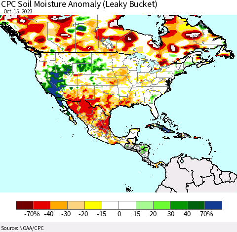 North America CPC Soil Moisture Anomaly (Leaky Bucket) Thematic Map For 10/11/2023 - 10/15/2023