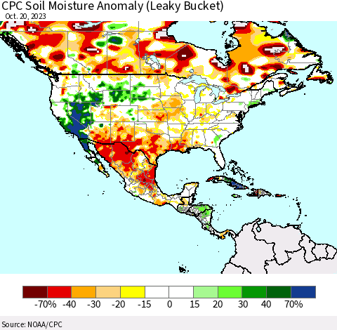North America CPC Soil Moisture Anomaly (Leaky Bucket) Thematic Map For 10/16/2023 - 10/20/2023