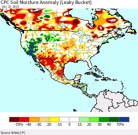 North America CPC Soil Moisture Anomaly (Leaky Bucket) Thematic Map For 10/21/2023 - 10/25/2023