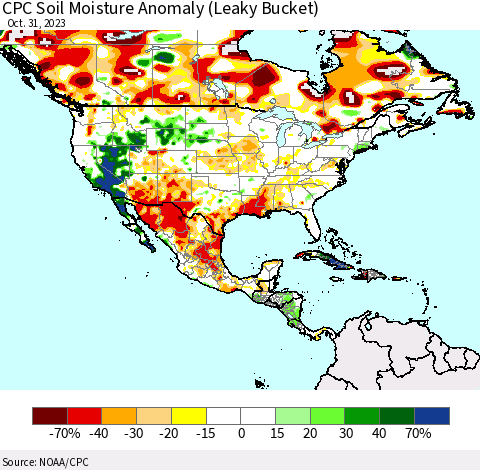 North America CPC Soil Moisture Anomaly (Leaky Bucket) Thematic Map For 10/26/2023 - 10/31/2023