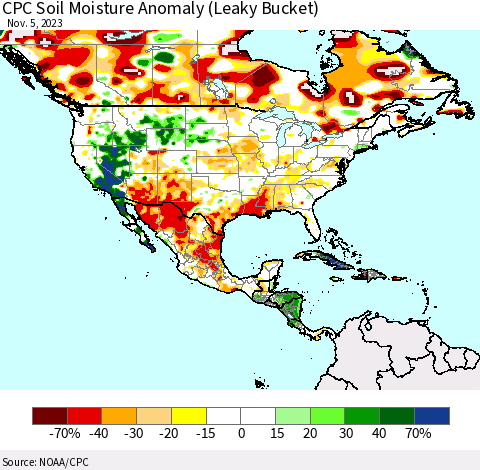 North America CPC Soil Moisture Anomaly (Leaky Bucket) Thematic Map For 11/1/2023 - 11/5/2023