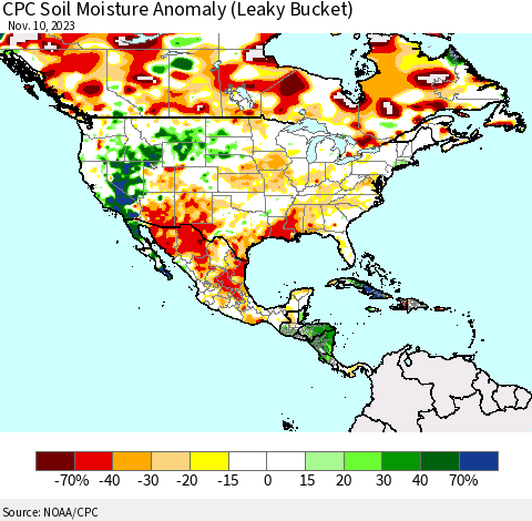 North America CPC Soil Moisture Anomaly (Leaky Bucket) Thematic Map For 11/6/2023 - 11/10/2023
