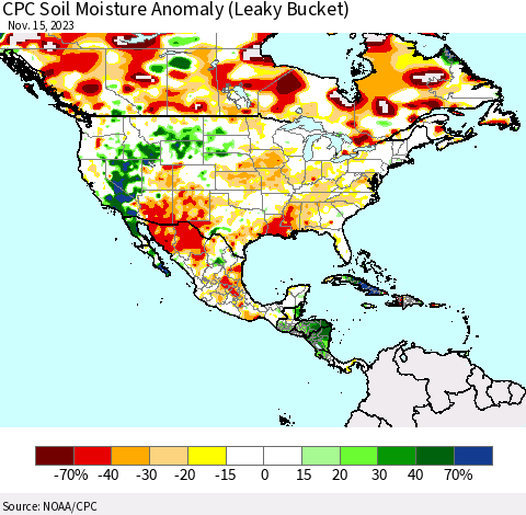 North America CPC Soil Moisture Anomaly (Leaky Bucket) Thematic Map For 11/11/2023 - 11/15/2023