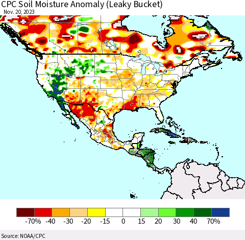 North America CPC Soil Moisture Anomaly (Leaky Bucket) Thematic Map For 11/16/2023 - 11/20/2023