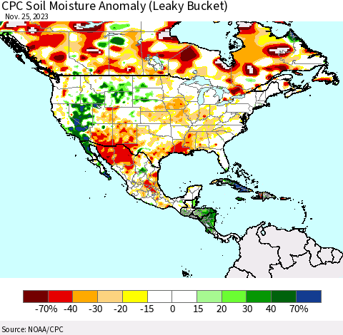 North America CPC Soil Moisture Anomaly (Leaky Bucket) Thematic Map For 11/21/2023 - 11/25/2023