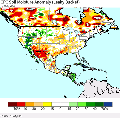 North America CPC Soil Moisture Anomaly (Leaky Bucket) Thematic Map For 12/1/2023 - 12/5/2023