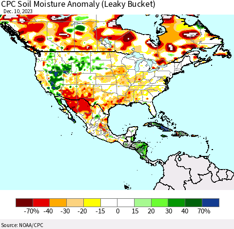 North America CPC Soil Moisture Anomaly (Leaky Bucket) Thematic Map For 12/6/2023 - 12/10/2023