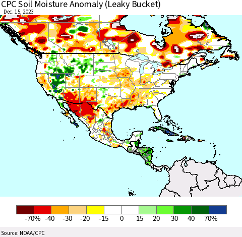 North America CPC Soil Moisture Anomaly (Leaky Bucket) Thematic Map For 12/11/2023 - 12/15/2023